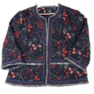 Loft Women's Primavera Strawberry Floral Embroidered Fringe Blazer Jacket Sz 16